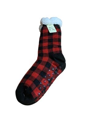 NWT Cherie Bliss Buffalo Plaid Thermal Slipper Socks - Red/Black Sherpa Lined